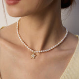 Zircon Star Pendant Pearl Beaded Necklace-Gembea Jewelry