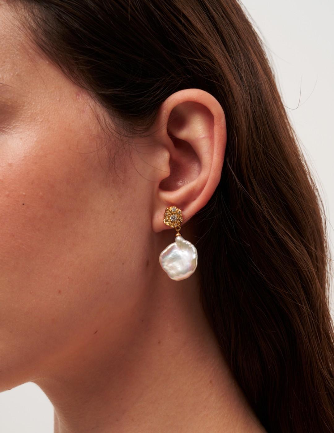 Metal Zircon Petal Baroque Pearl Drop Earrings gembea jewelry