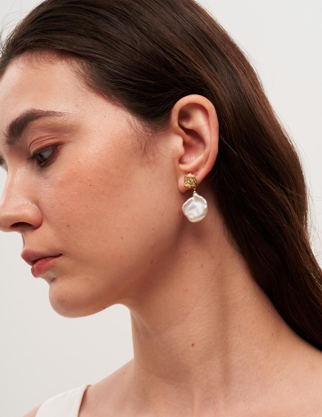 Metal Zircon Petal Baroque Pearl Drop Earrings gembea jewelry