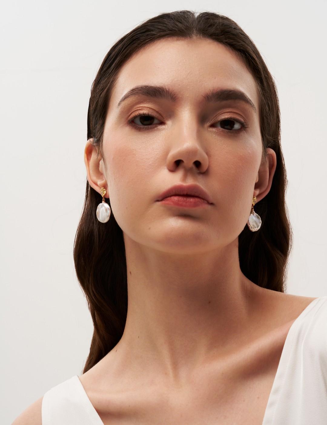 Metal Zircon Petal Baroque Pearl Drop Earrings gembea jewelry