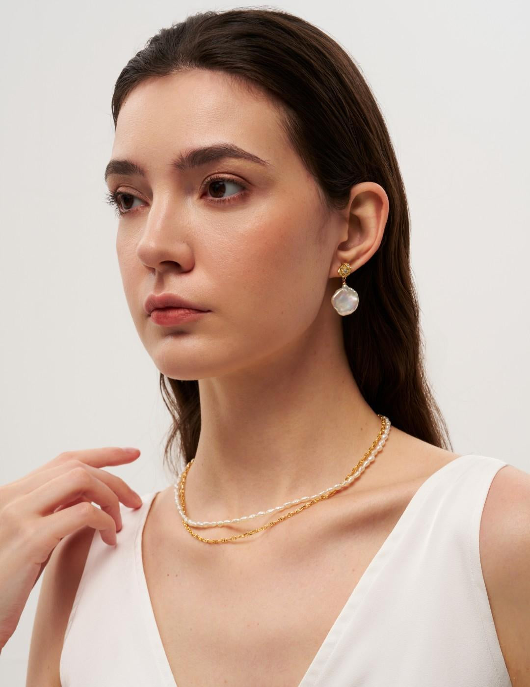 Metal Zircon Petal Baroque Pearl Drop Earrings gembea jewelry