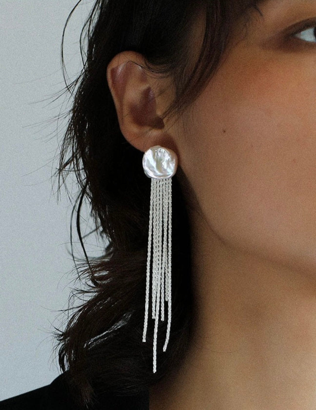 S925 Silver Waterfall Baroque Petal Pearl Long Tassel Earrings