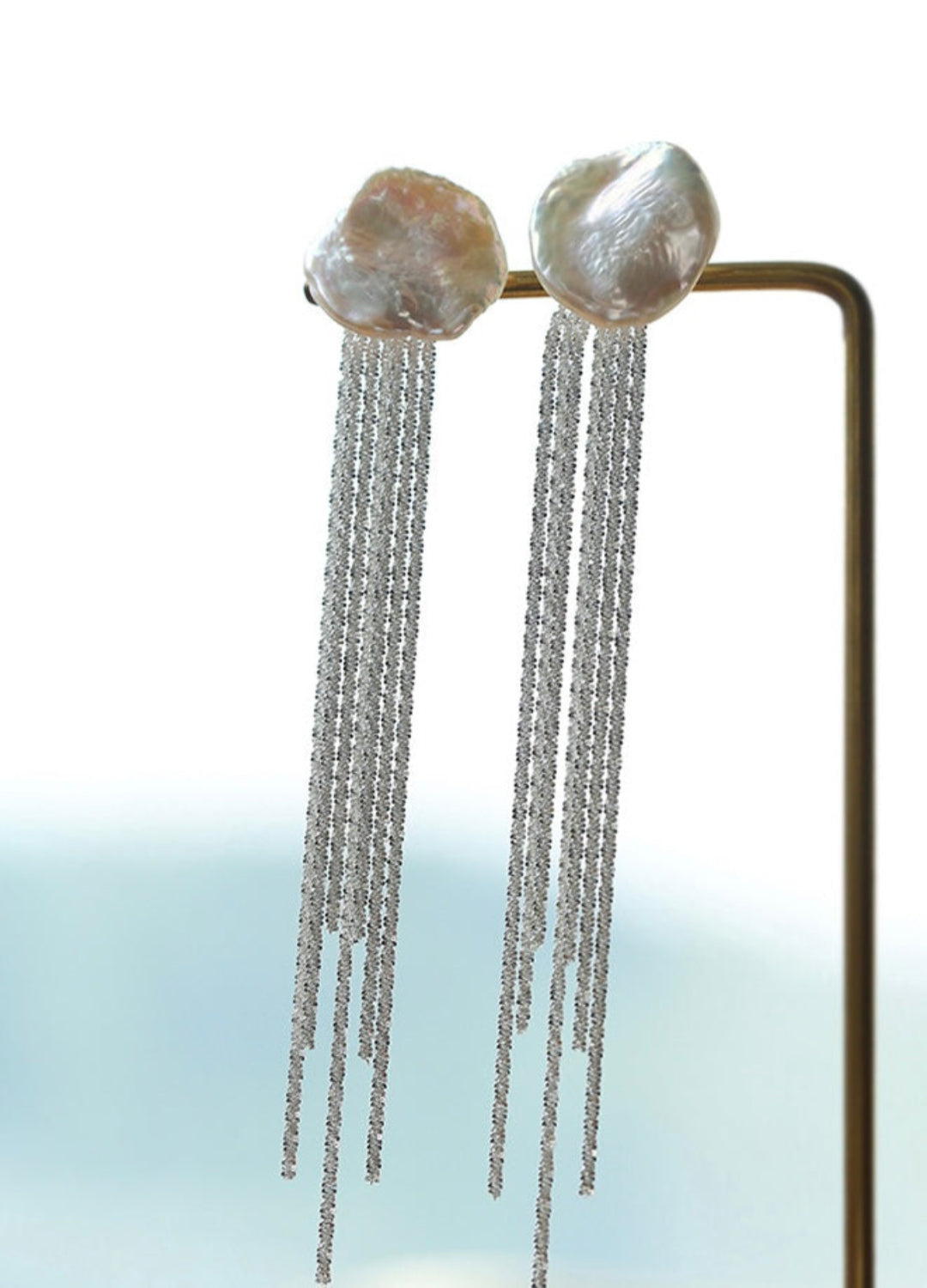 S925 Silver Waterfall Baroque Petal Pearl Long Tassel Earrings