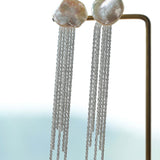 S925 Silver Waterfall Baroque Petal Pearl Long Tassel Earrings