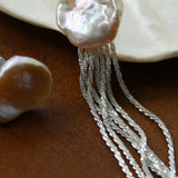 S925 Silver Waterfall Baroque Petal Pearl Long Tassel Earrings