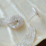 S925 Silver Waterfall Baroque Petal Pearl Long Tassel Earrings