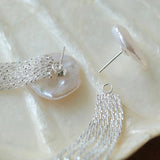 S925 Silver Waterfall Baroque Petal Pearl Long Tassel Earrings