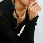 Silver Brushed Ebony Wood Sphere Bead Necklace-Gembea Jewelry