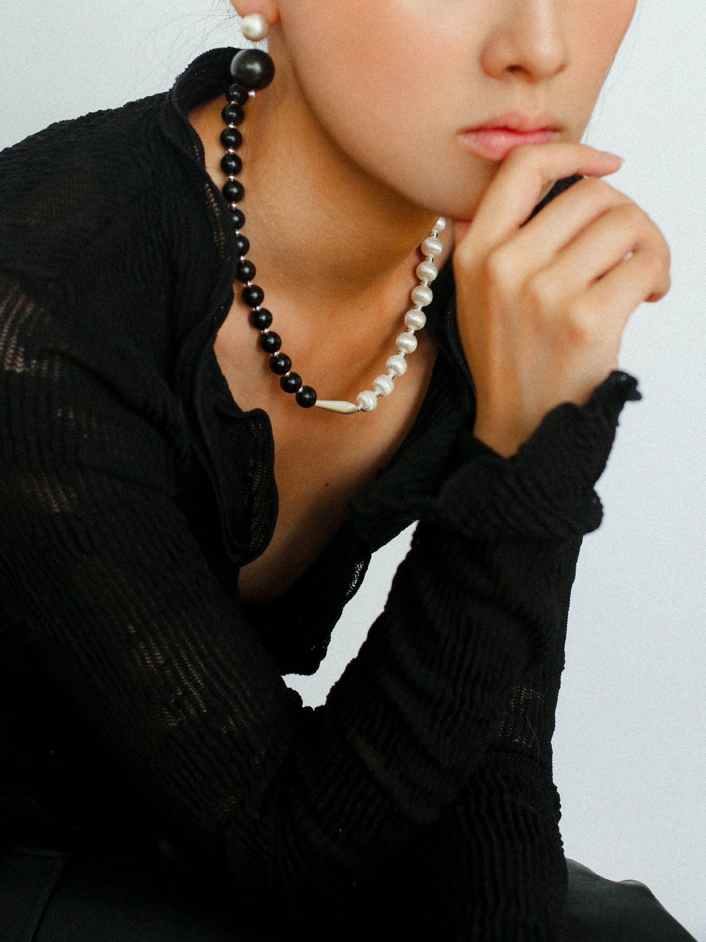 Silver Brushed Ebony Wood Sphere Bead Necklace-Gembea Jewelry