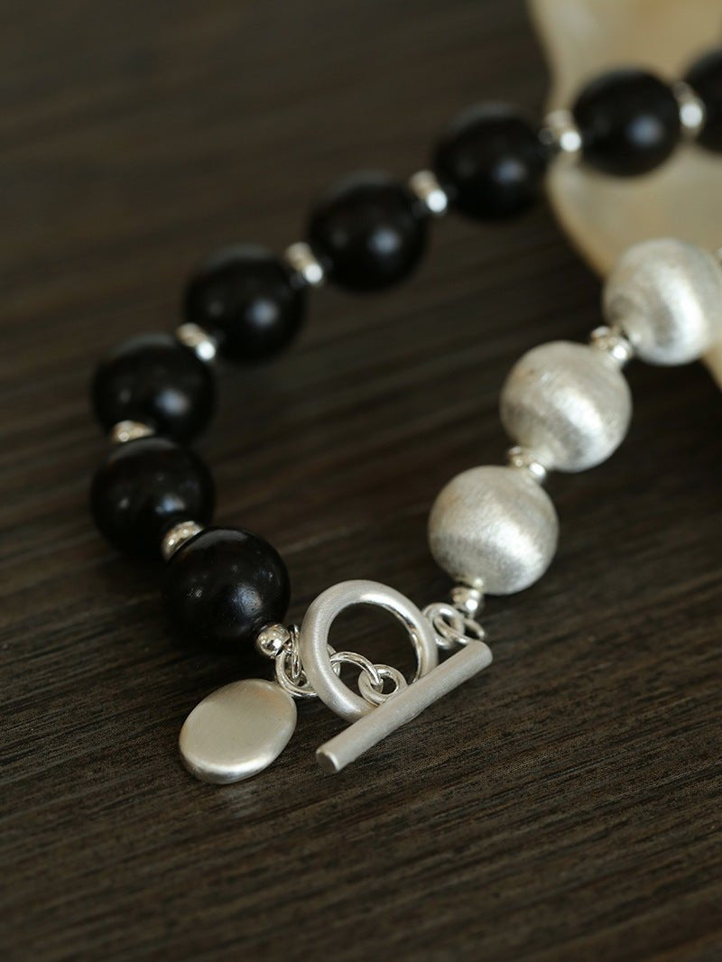 Silver Brushed Ebony Wood Sphere Bead Necklace-Gembea Jewelry