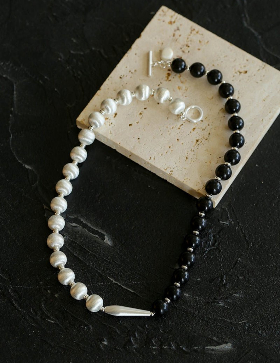 Silver Brushed Ebony Wood Sphere Bead Necklace-Gembea Jewelry