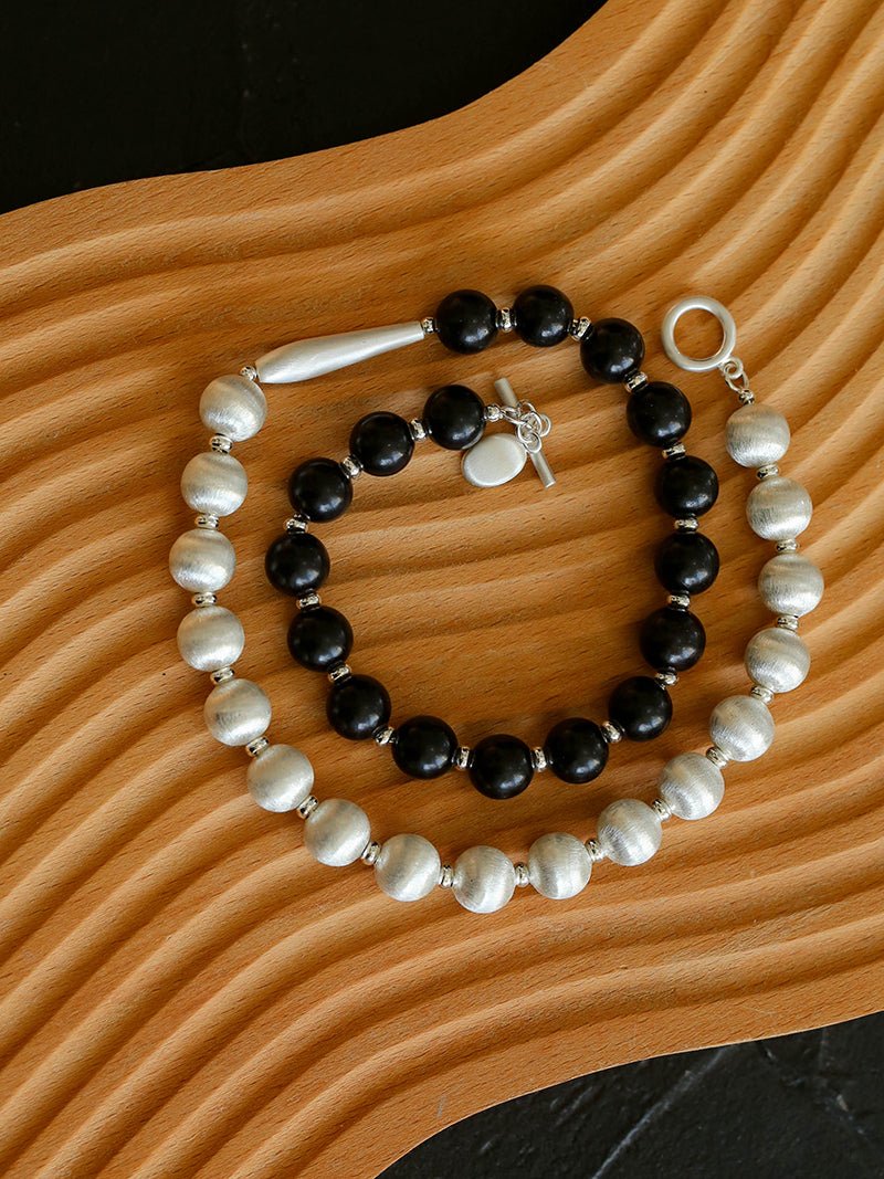 Silver Brushed Ebony Wood Sphere Bead Necklace-Gembea Jewelry