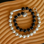 Silver Brushed Ebony Wood Sphere Bead Necklace-Gembea Jewelry