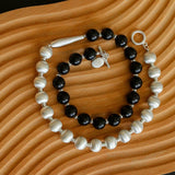 Silver Brushed Ebony Wood Sphere Bead Necklace-Gembea Jewelry