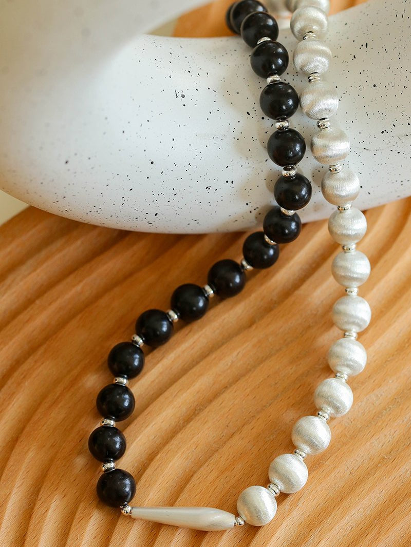 Silver Brushed Ebony Wood Sphere Bead Necklace-Gembea Jewelry