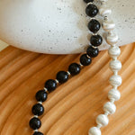Silver Brushed Ebony Wood Sphere Bead Necklace-Gembea Jewelry