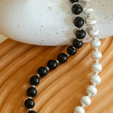 Silver Brushed Ebony Wood Sphere Bead Necklace-Gembea Jewelry