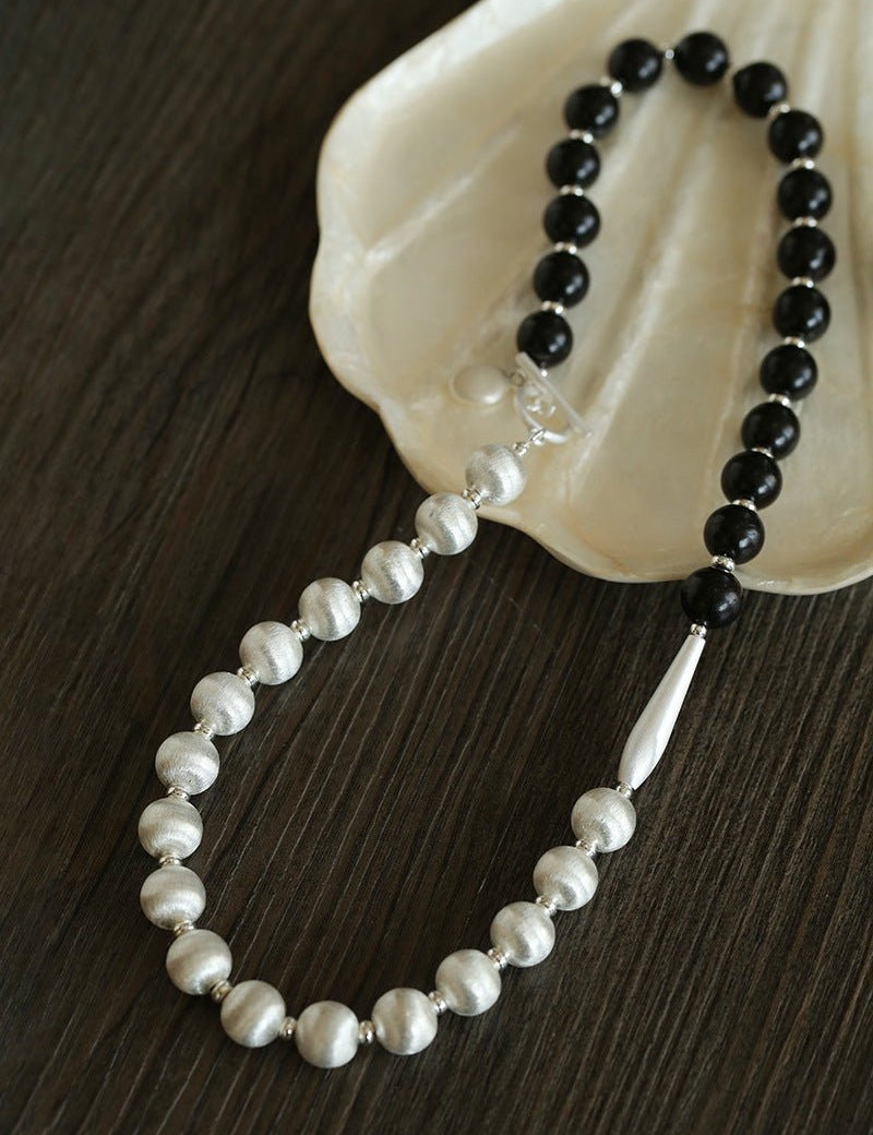 Silver Brushed Ebony Wood Sphere Bead Necklace-Gembea Jewelry