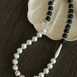 Silver Brushed Ebony Wood Sphere Bead Necklace-Gembea Jewelry