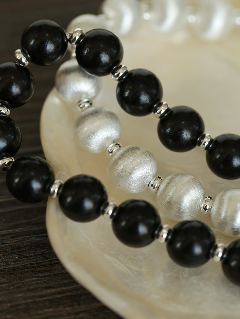 Silver Brushed Ebony Wood Sphere Bead Necklace-Gembea Jewelry