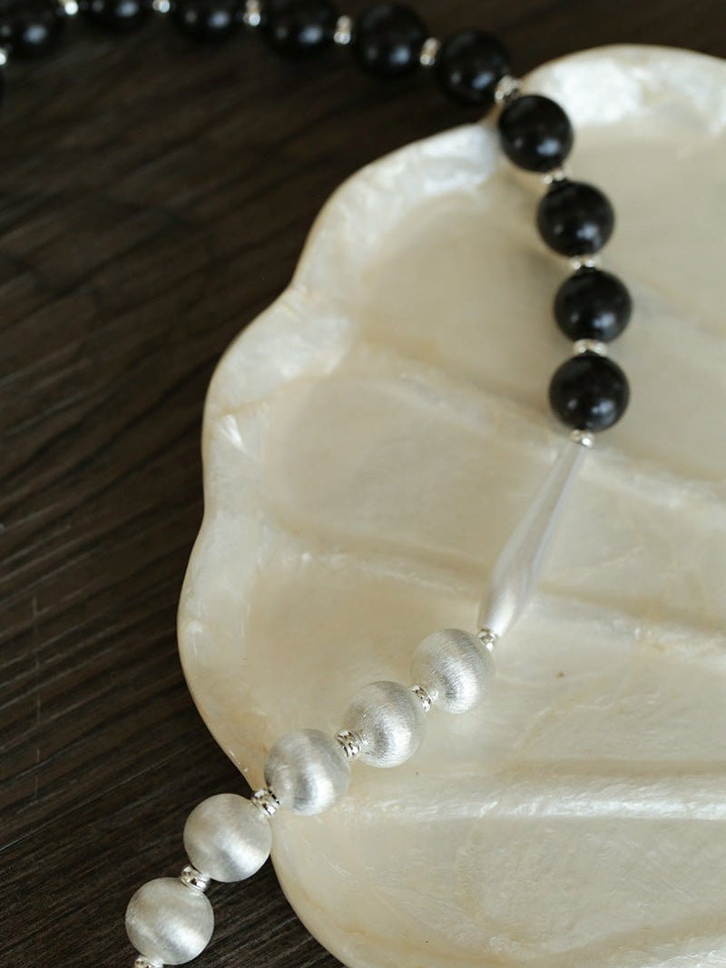 Silver Brushed Ebony Wood Sphere Bead Necklace-Gembea Jewelry