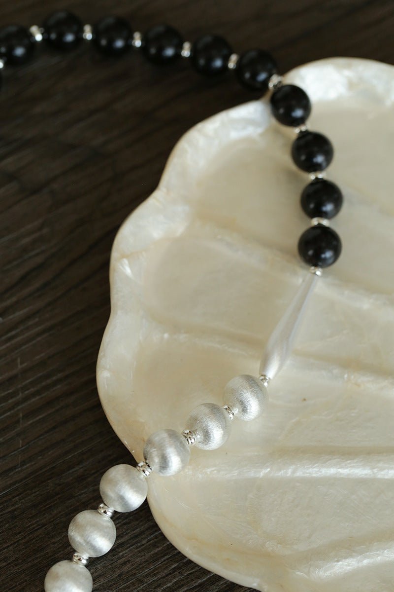 Silver Brushed Ebony Wood Sphere Bead Necklace-Gembea Jewelry