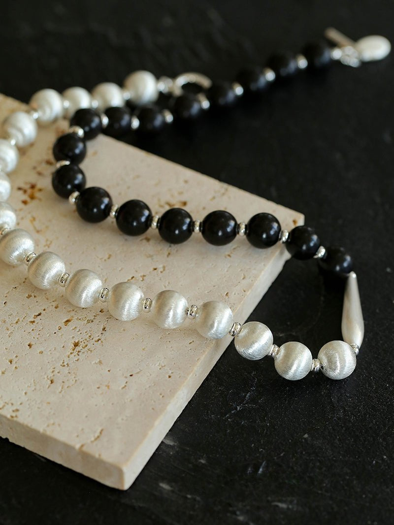 Silver Brushed Ebony Wood Sphere Bead Necklace-Gembea Jewelry
