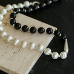 Silver Brushed Ebony Wood Sphere Bead Necklace-Gembea Jewelry
