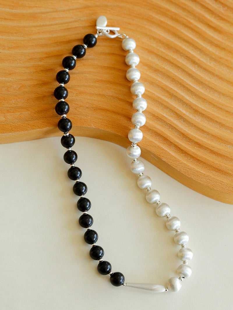 Silver Brushed Ebony Wood Sphere Bead Necklace-Gembea Jewelry