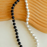 Silver Brushed Ebony Wood Sphere Bead Necklace-Gembea Jewelry