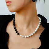 Silver Brushed Ebony Wood Sphere Bead Necklace-Gembea Jewelry