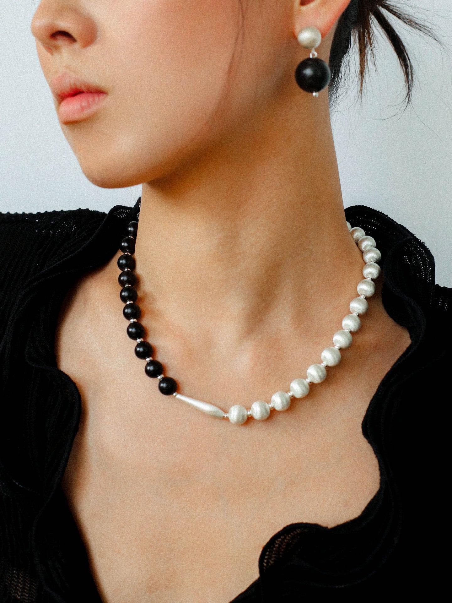 Silver Brushed Ebony Wood Sphere Bead Necklace-Gembea Jewelry