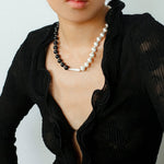 Silver Brushed Ebony Wood Sphere Bead Necklace-Gembea Jewelry