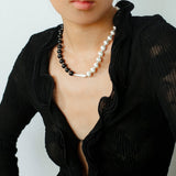 Silver Brushed Ebony Wood Sphere Bead Necklace-Gembea Jewelry
