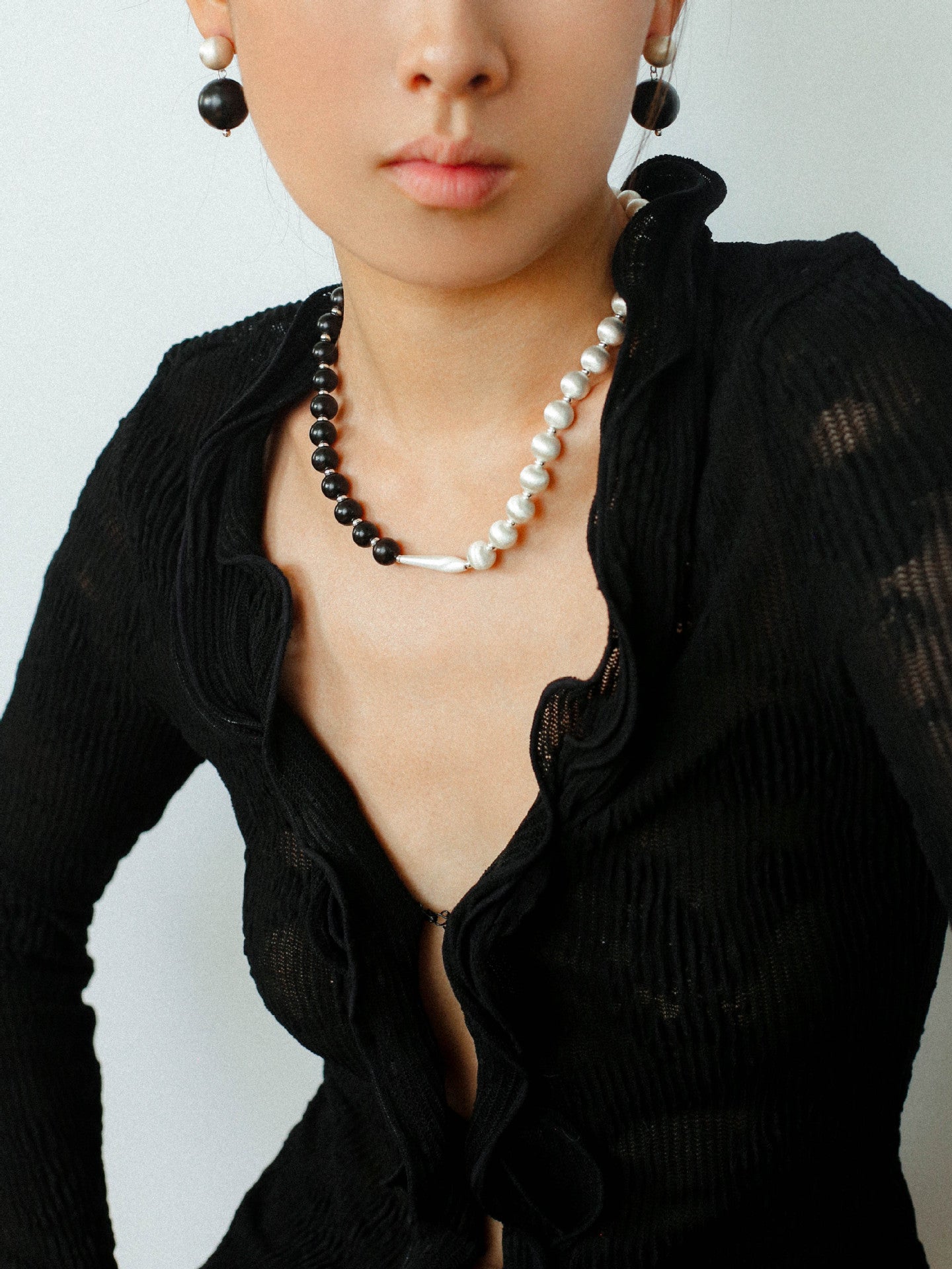 Silver Brushed Ebony Wood Sphere Bead Necklace-Gembea Jewelry