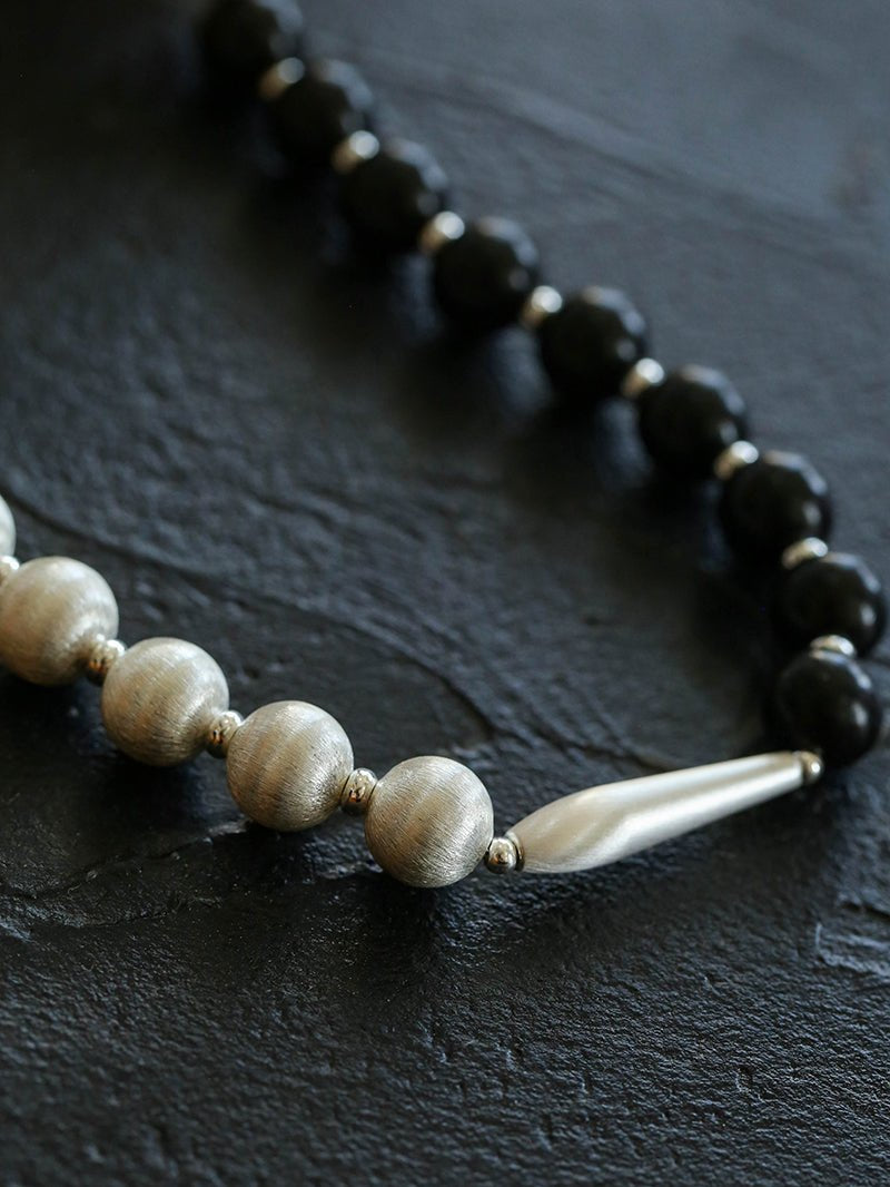 Silver Brushed Ebony Wood Sphere Bead Necklace-Gembea Jewelry