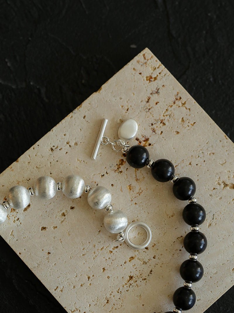 Silver Brushed Ebony Wood Sphere Bead Necklace-Gembea Jewelry