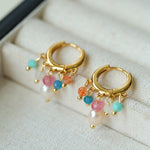 Colorful Stone Pearl Tassel Hoop Earrings gembea jewelry