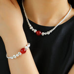 Graduated Silver Bean Red Black Agate Bracelet-Gembea jewelry