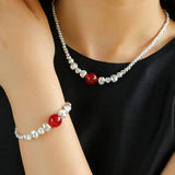 Graduated Silver Bean Red Black Agate Bracelet-Gembea jewelry
