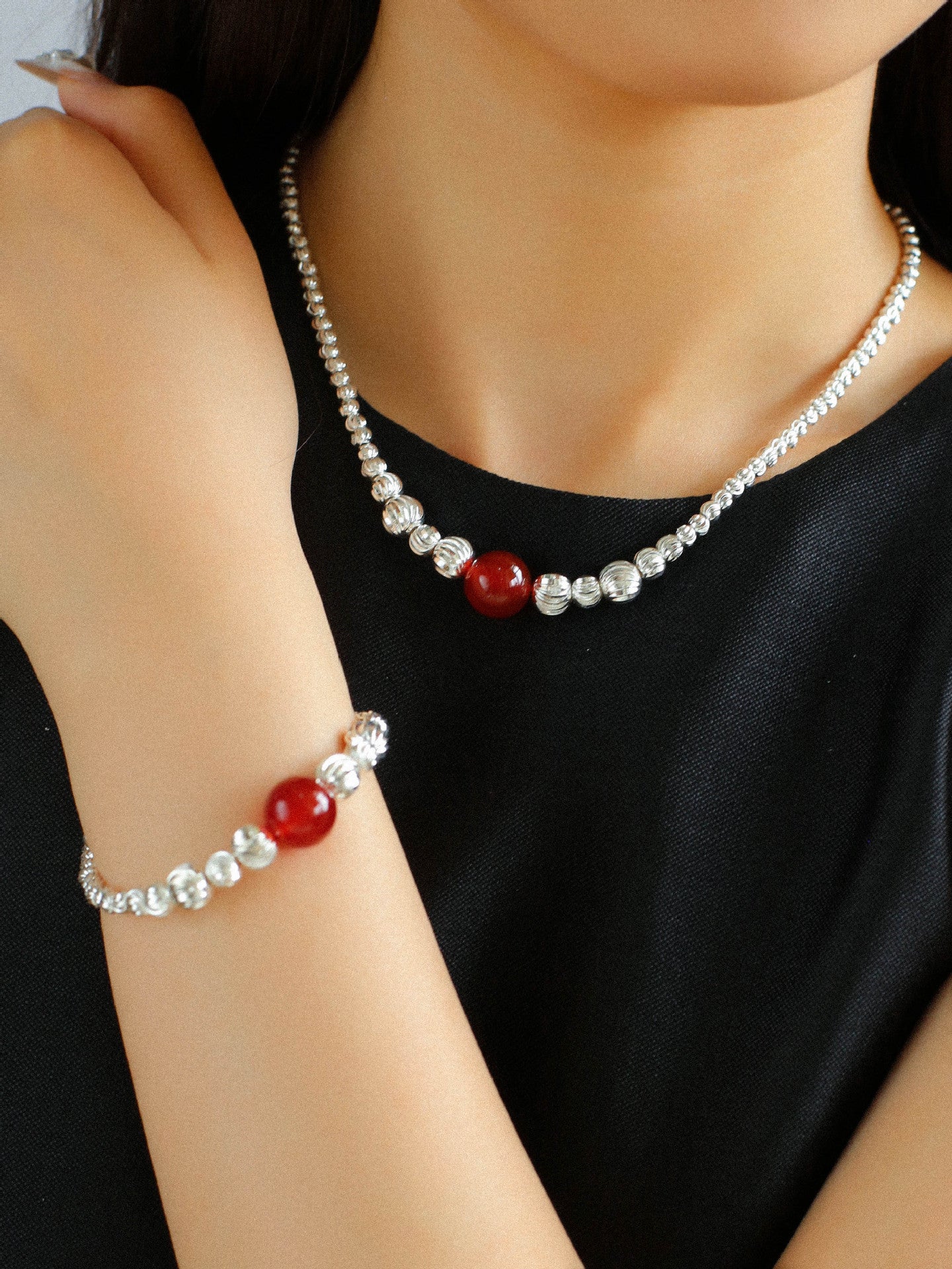 Graduated Silver Bean Red Black Agate Bracelet-Gembea jewelry