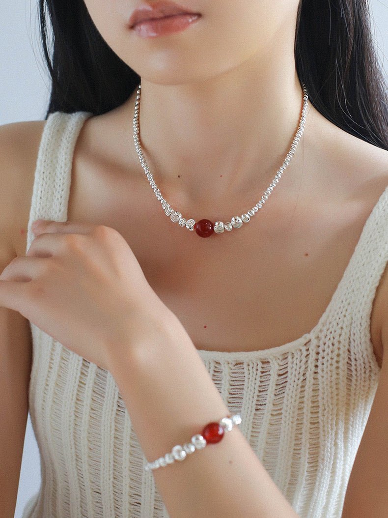Graduated Silver Bean Red Black Agate Bracelet-Gembea jewelry