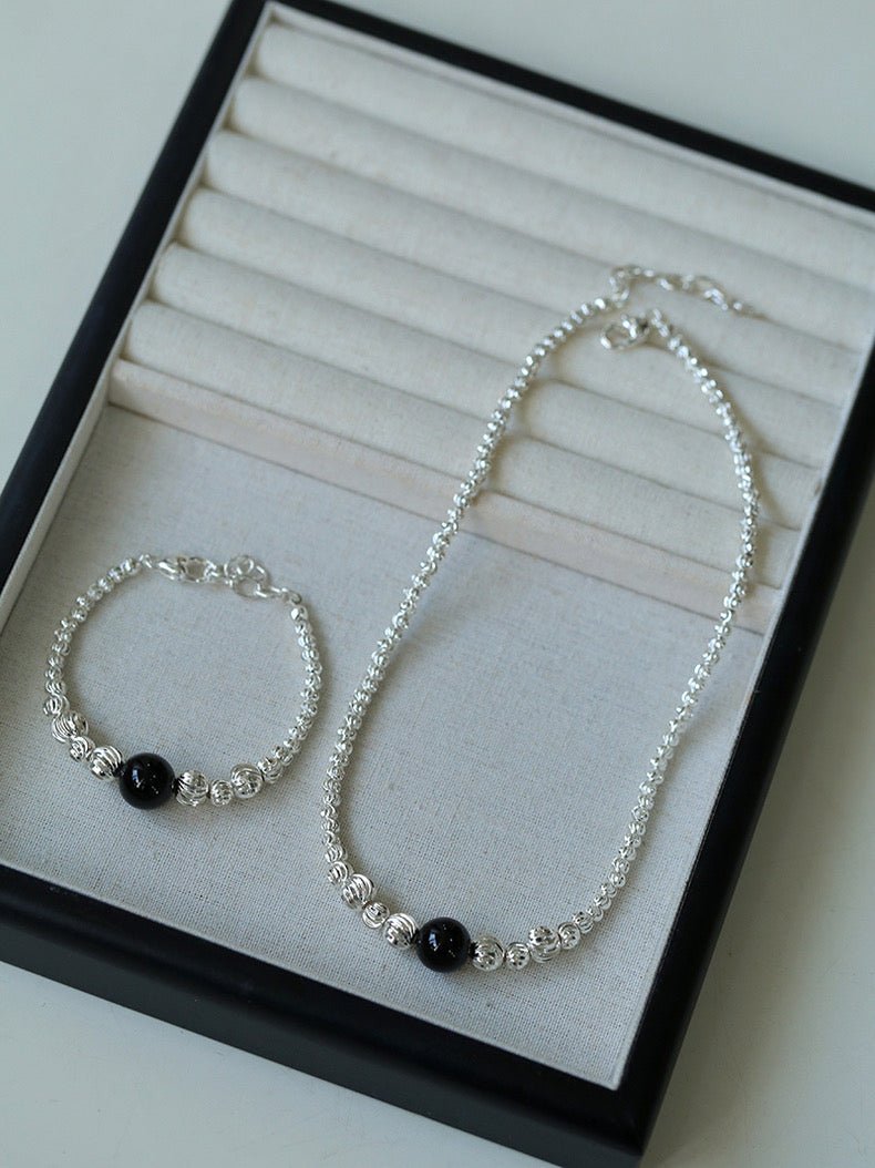 Graduated Silver Bean Red Black Agate Bracelet-Gembea jewelry