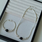 Graduated Silver Bean Red Black Agate Bracelet-Gembea jewelry