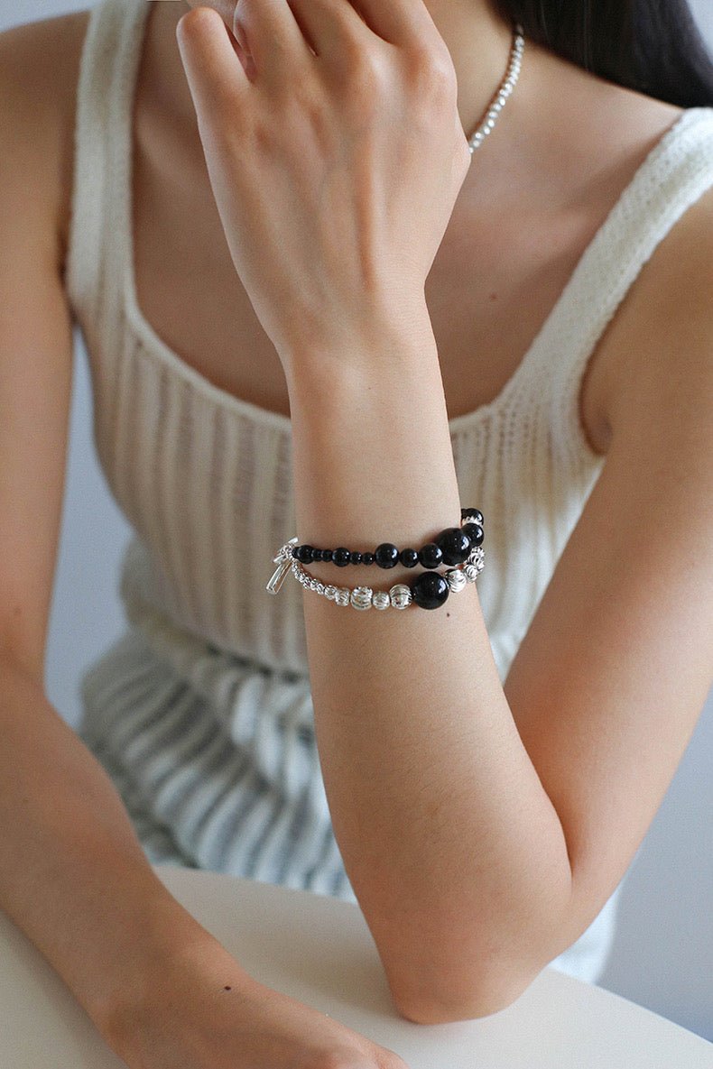 Graduated Silver Bean Red Black Agate Bracelet-Gembea jewelry