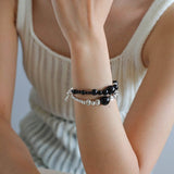 Graduated Silver Bean Red Black Agate Bracelet-Gembea jewelry