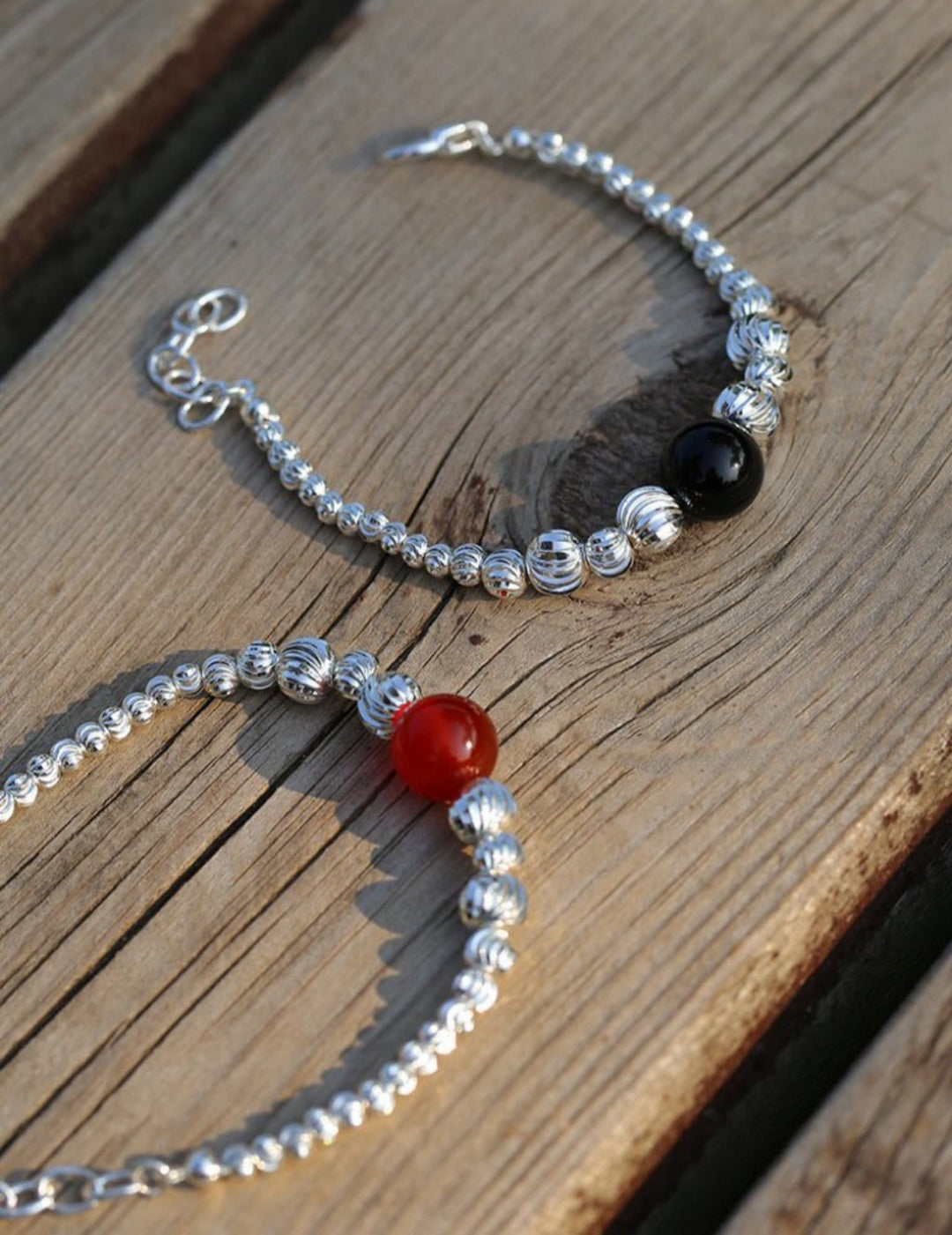 Graduated Silver Bean Red Black Agate Bracelet-Gembea jewelry
