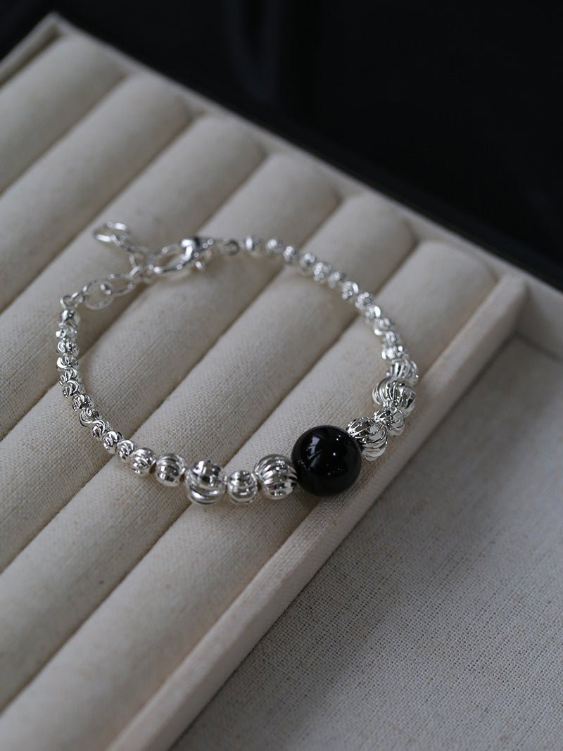 Graduated Silver Bean Red Black Agate Bracelet-Gembea jewelry