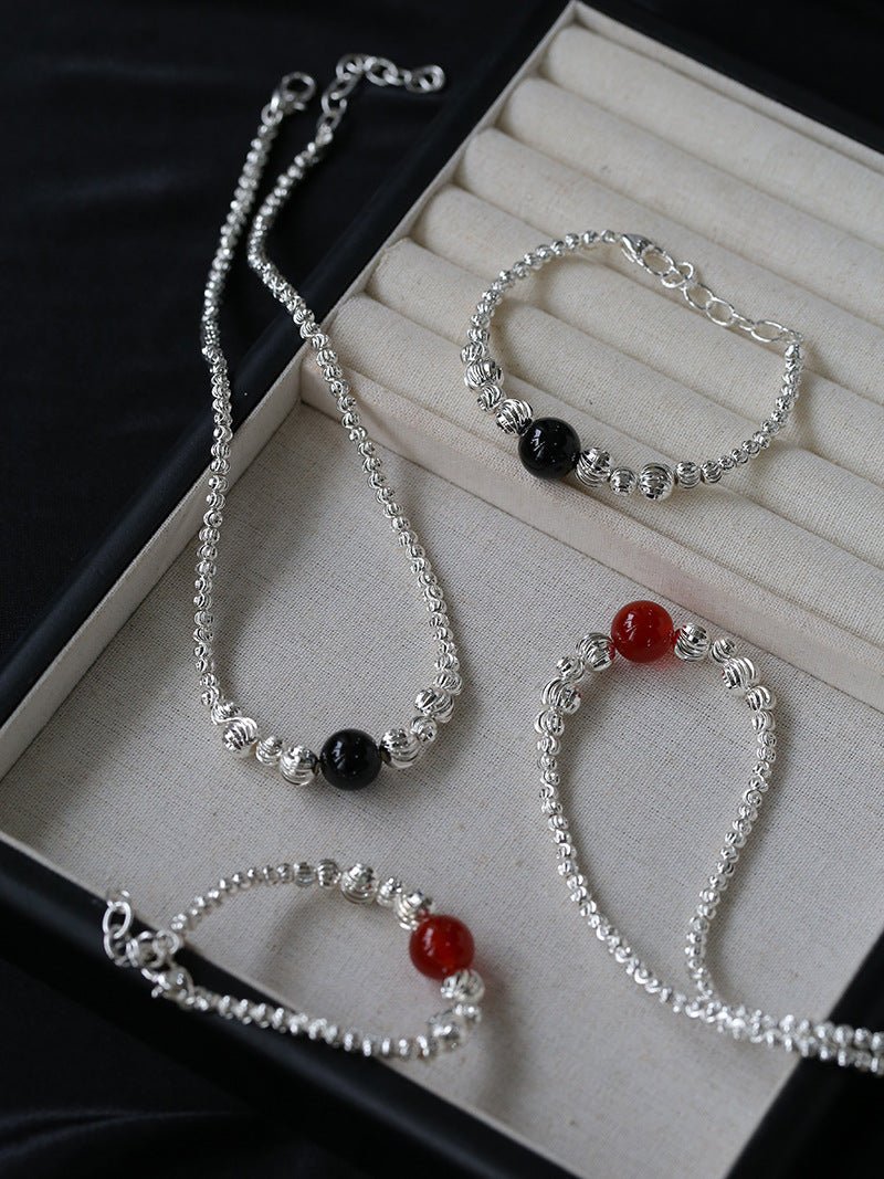 Graduated Silver Bean Red Black Agate Bracelet-Gembea jewelry