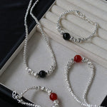 Graduated Silver Bean Red Black Agate Bracelet-Gembea jewelry